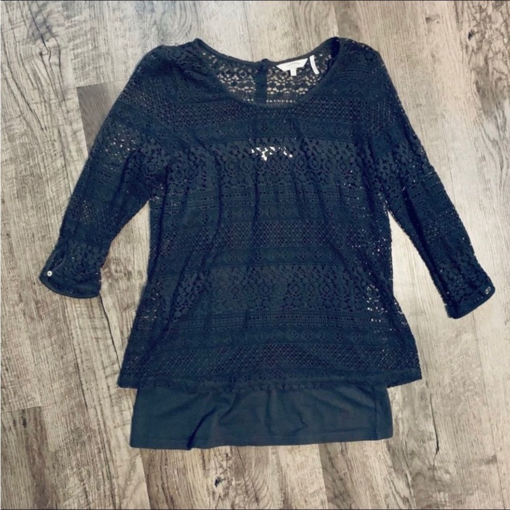UK brand Fatface Black Lace Broderie 3/4 Sleeve W/Built in Tank Top Size 12